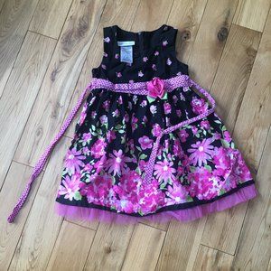Hot Pink and Black Floral Dress with Tulle Trim